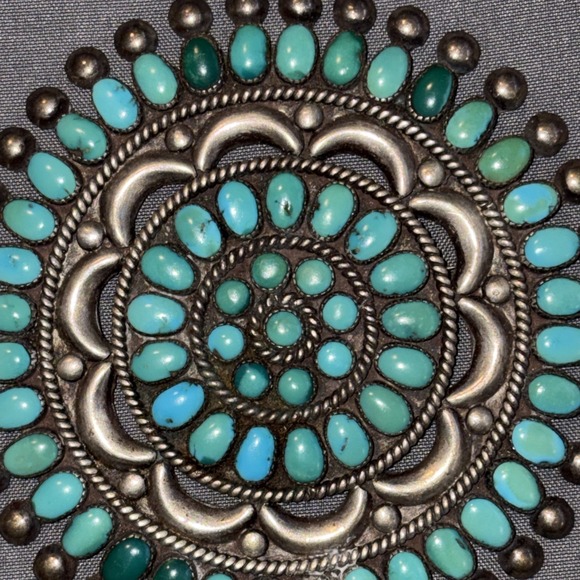 Native American Zuni Lee Mary Weebothee 3" Turquoise Sterling Silver Pin Brooch - Picture 5 of 6